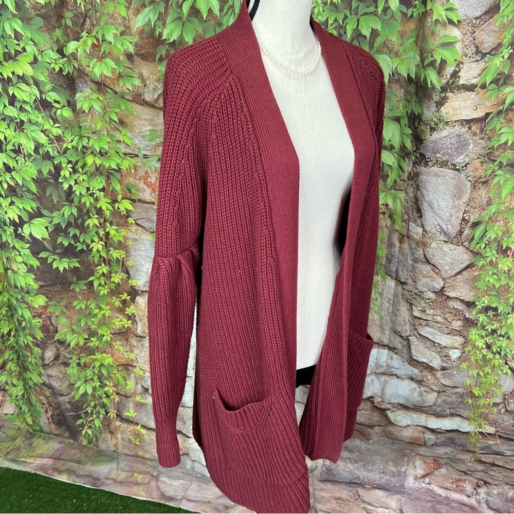 KNITTED & KNOTTED Cranberry Ribbed Open Cardigan, S - Picture 8 of 11